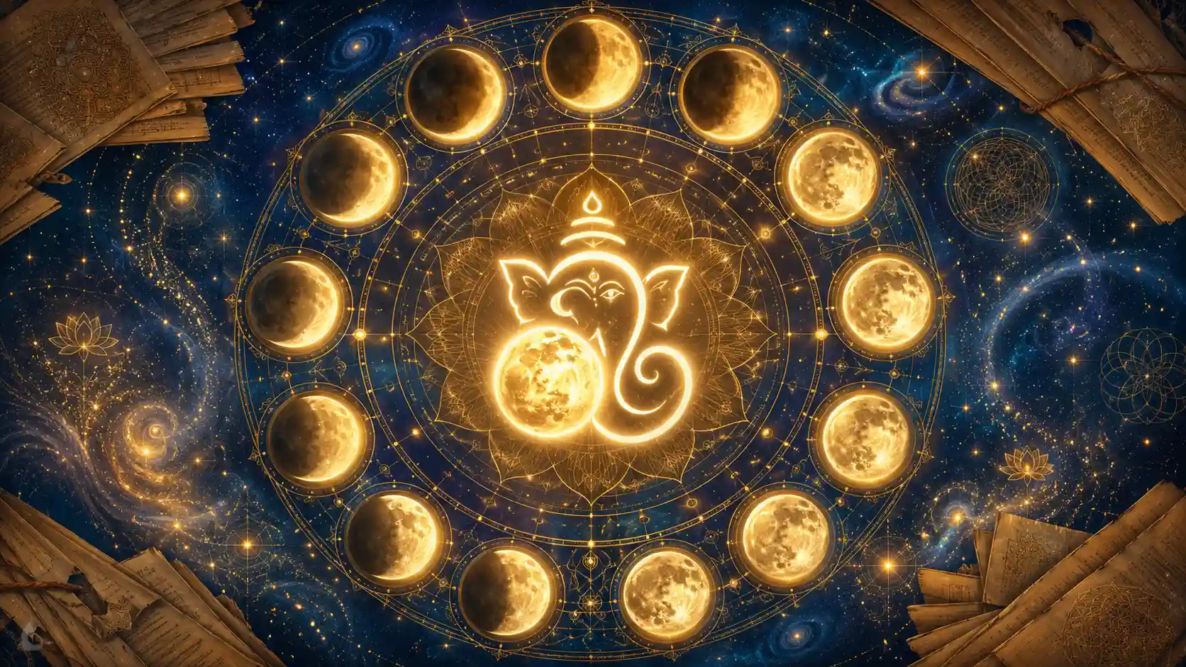 Landscape devotional illustration of a glowing Ganesha symbol at the center of a cosmic lunar wheel, surrounded by 12 moon discs and one brighter central moon,