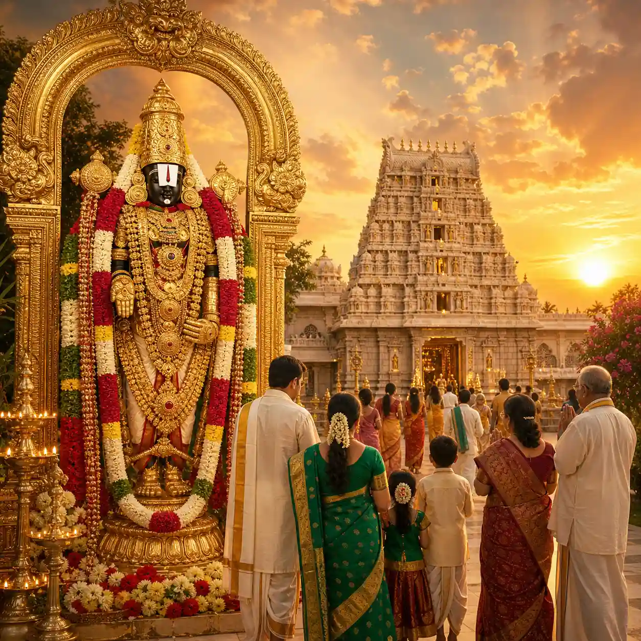 Sri Venkateshwara Swamy adorned with gold ornaments and flower garlands as devotee families walk toward a temple at sunset, symbolizing Balaji’s arrival in Dallas.