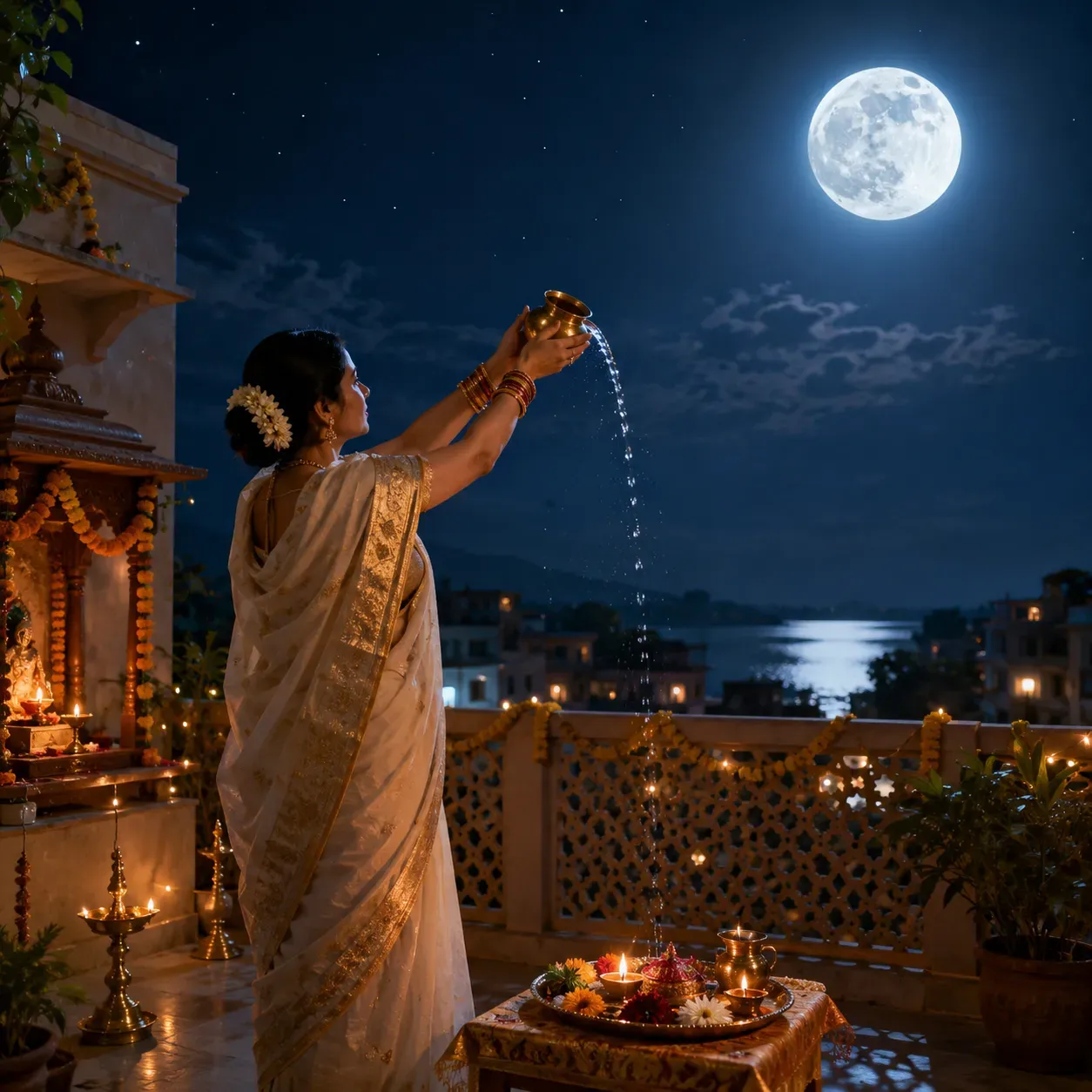 Devotee offering water to the full moon from a balcony during Jyestha Adhik Purnima.
