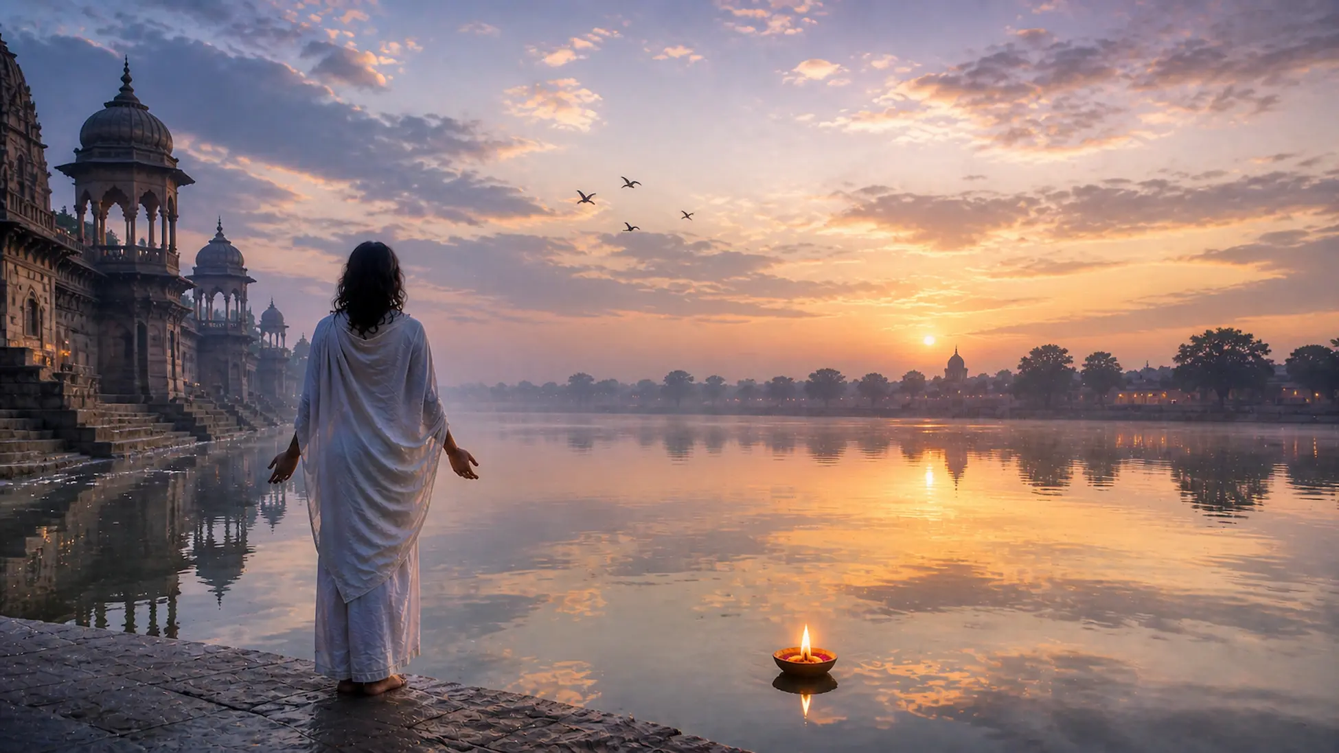 Figure in white by calm river at dawn with floating diya
