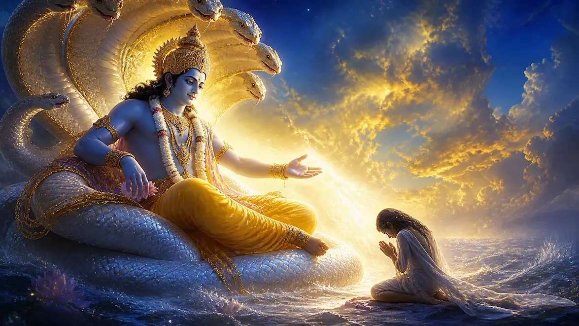 Lord Vishnu on Shesha Naga blessing a bowed devotee - Mal Maas