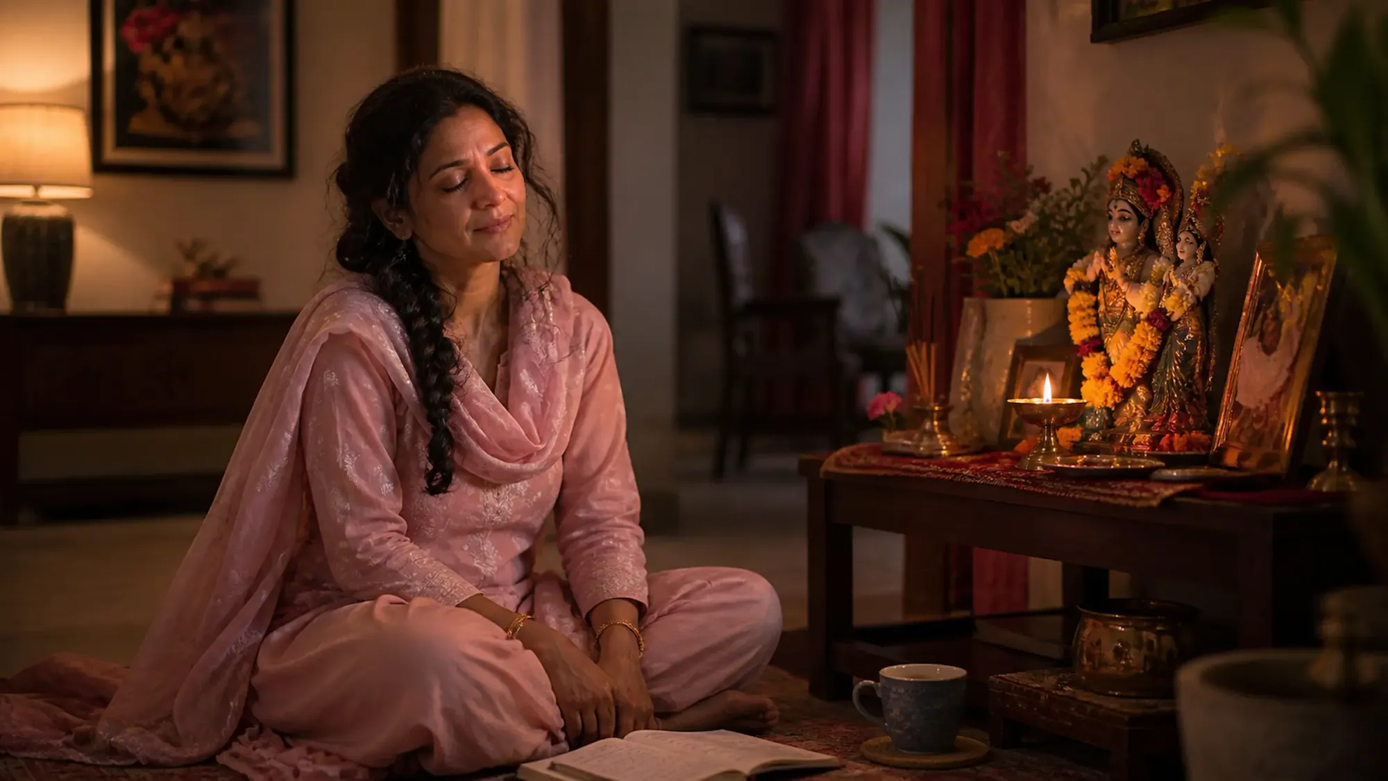 Woman praying at a home Radha-Krishna altar with a lit diya, eyes closed, warm evening light, tea beside her