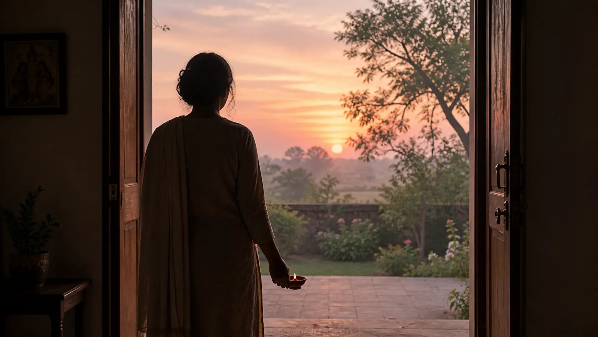 Offering a diya at sunrise