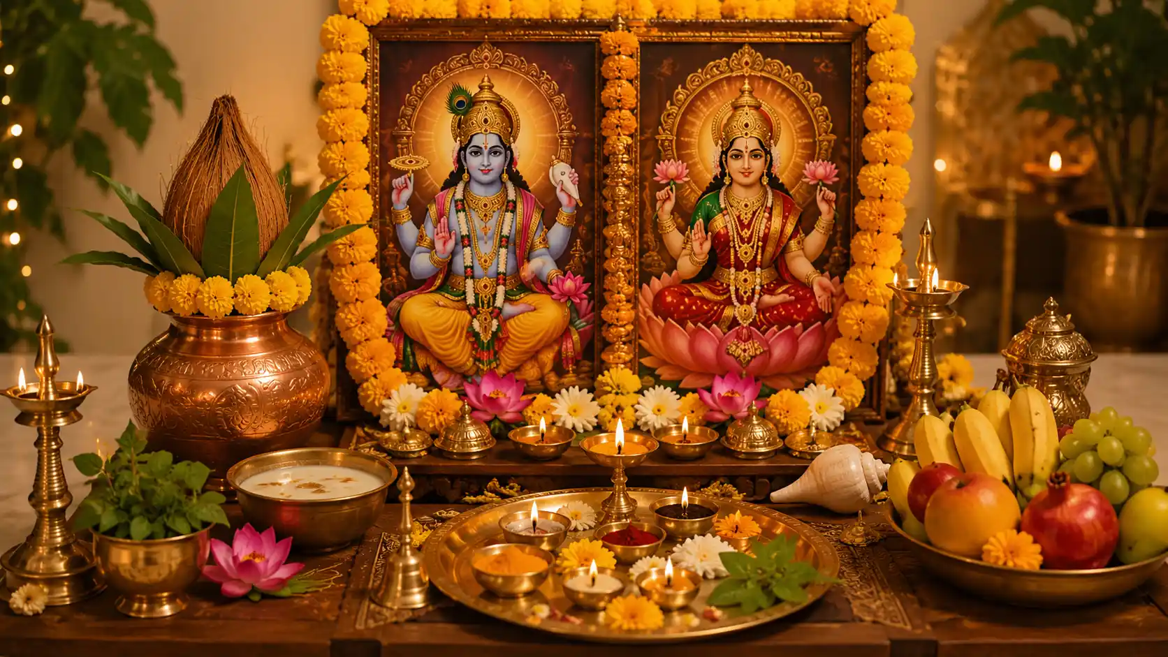 Lord Vishnu and Goddess Lakshmi puja altar at home with Kalash, diya, Tulsi leaves, panchamrit, fruits, and marigold garlands.