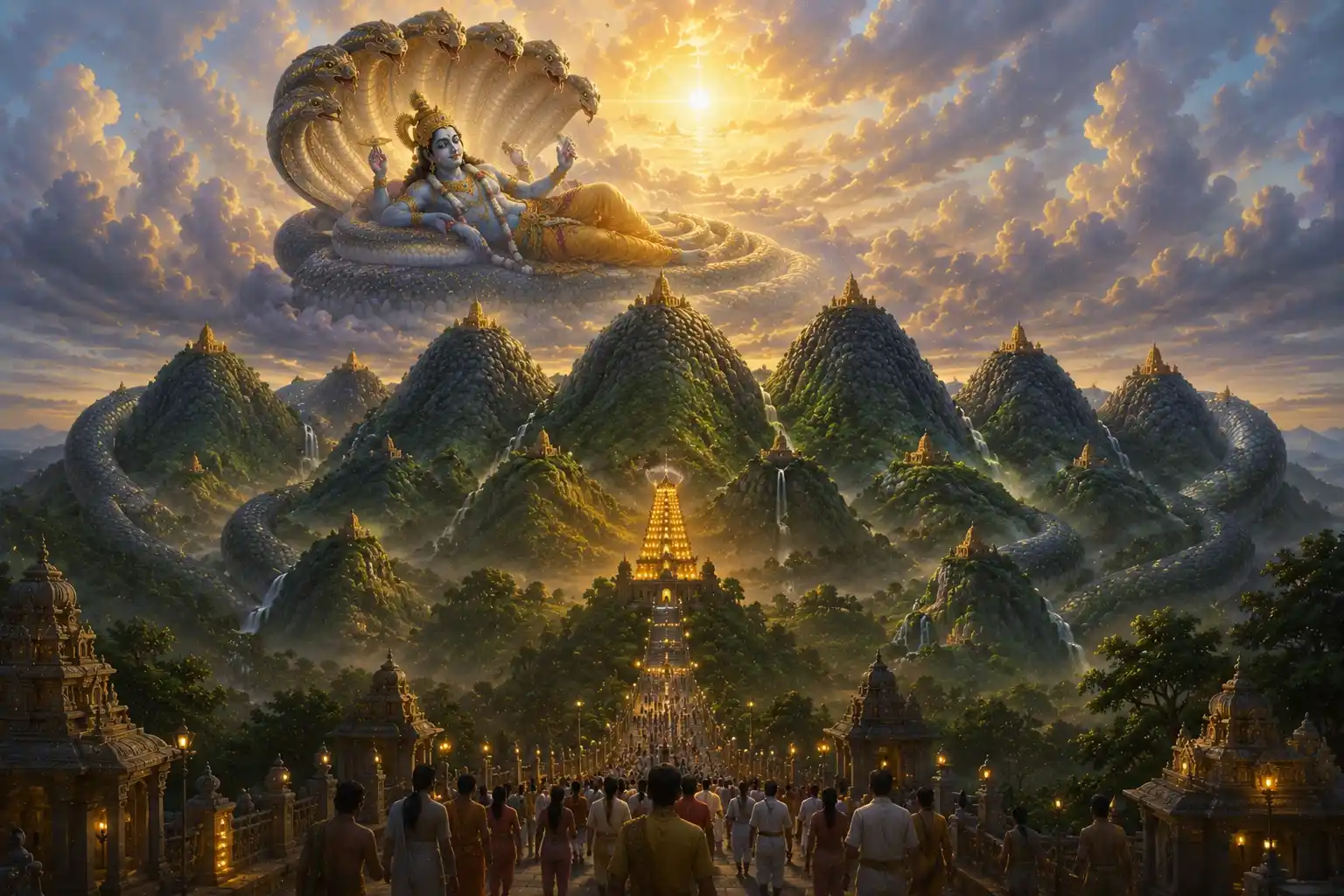 The Seven Hills of Tirumala are believed to be the earthly manifestation of Adishesha, the cosmic serpent upon whom Lord Vishnu eternally rests in Vaikuntha.