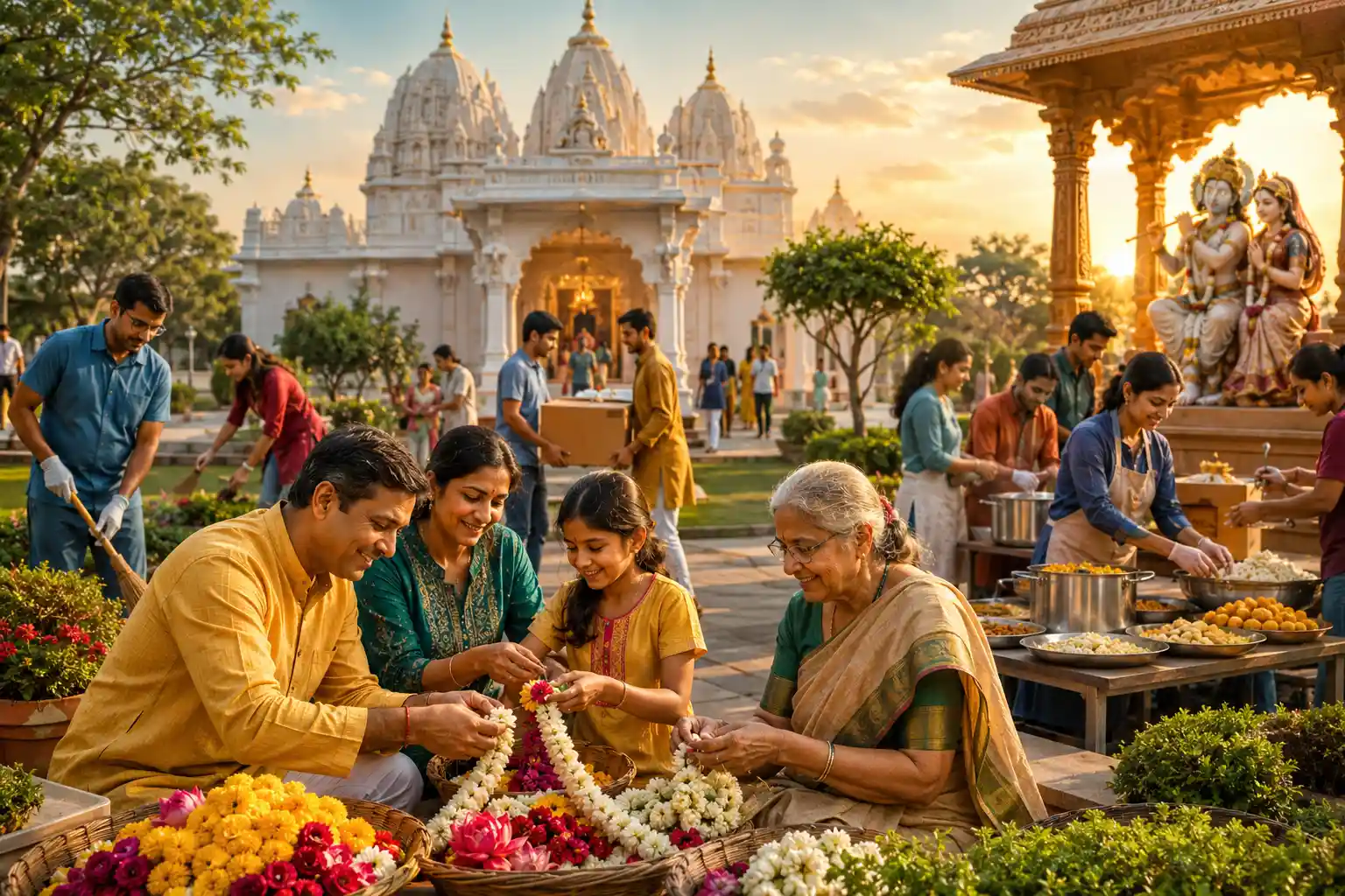 Families coming together to serve the temple