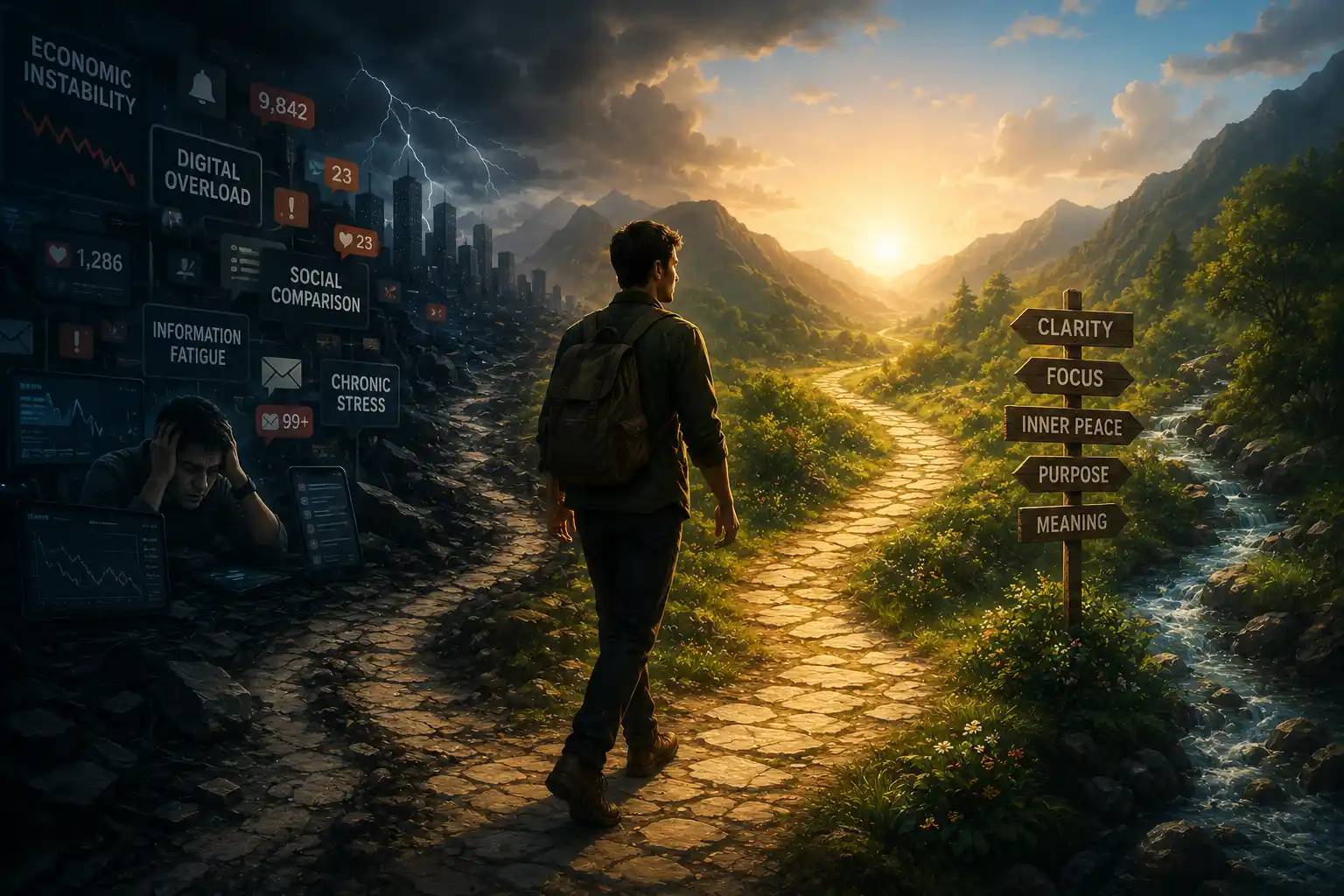 Illustration of modern uncertainty and chaos versus the path to purpose and clarity