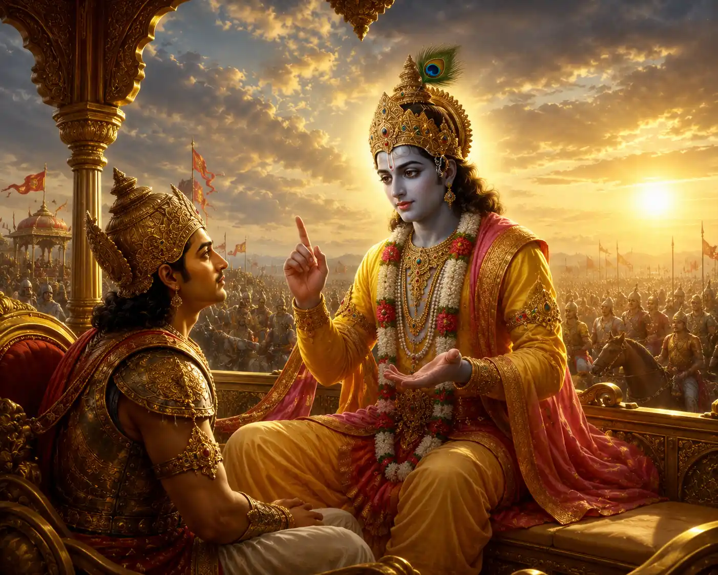 Shree Krishna addresses Arjun on the battlefield of Kurukshetra