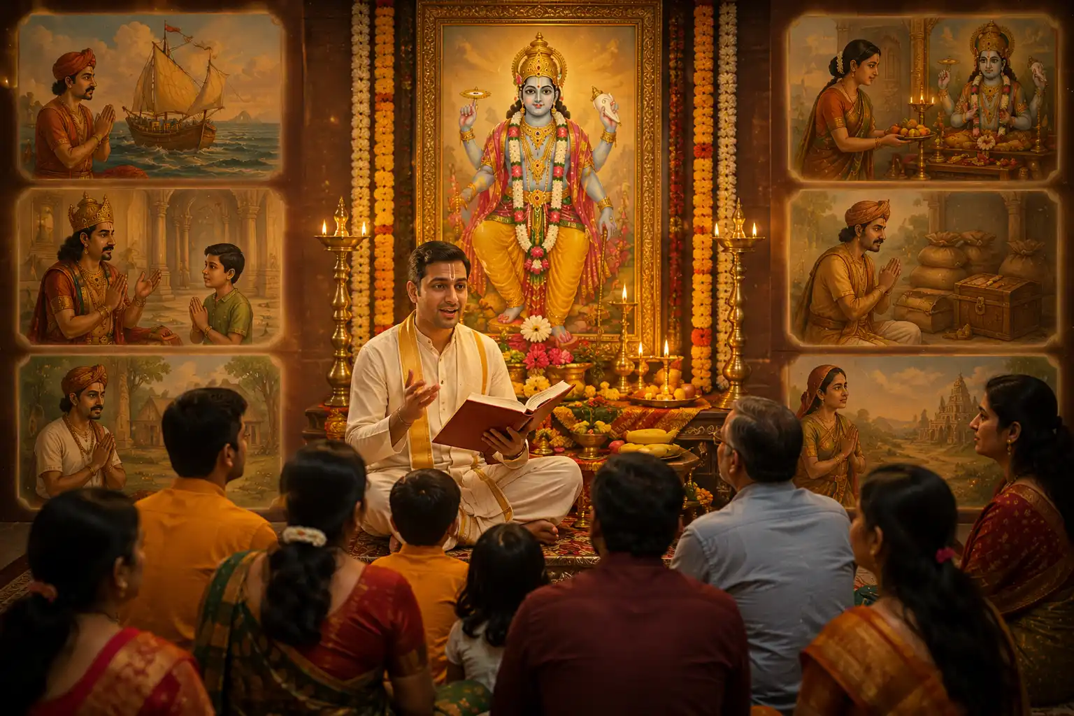 One of the most cherished aspects of the Satyanarayan observance is the sacred Katha recited during the pooja