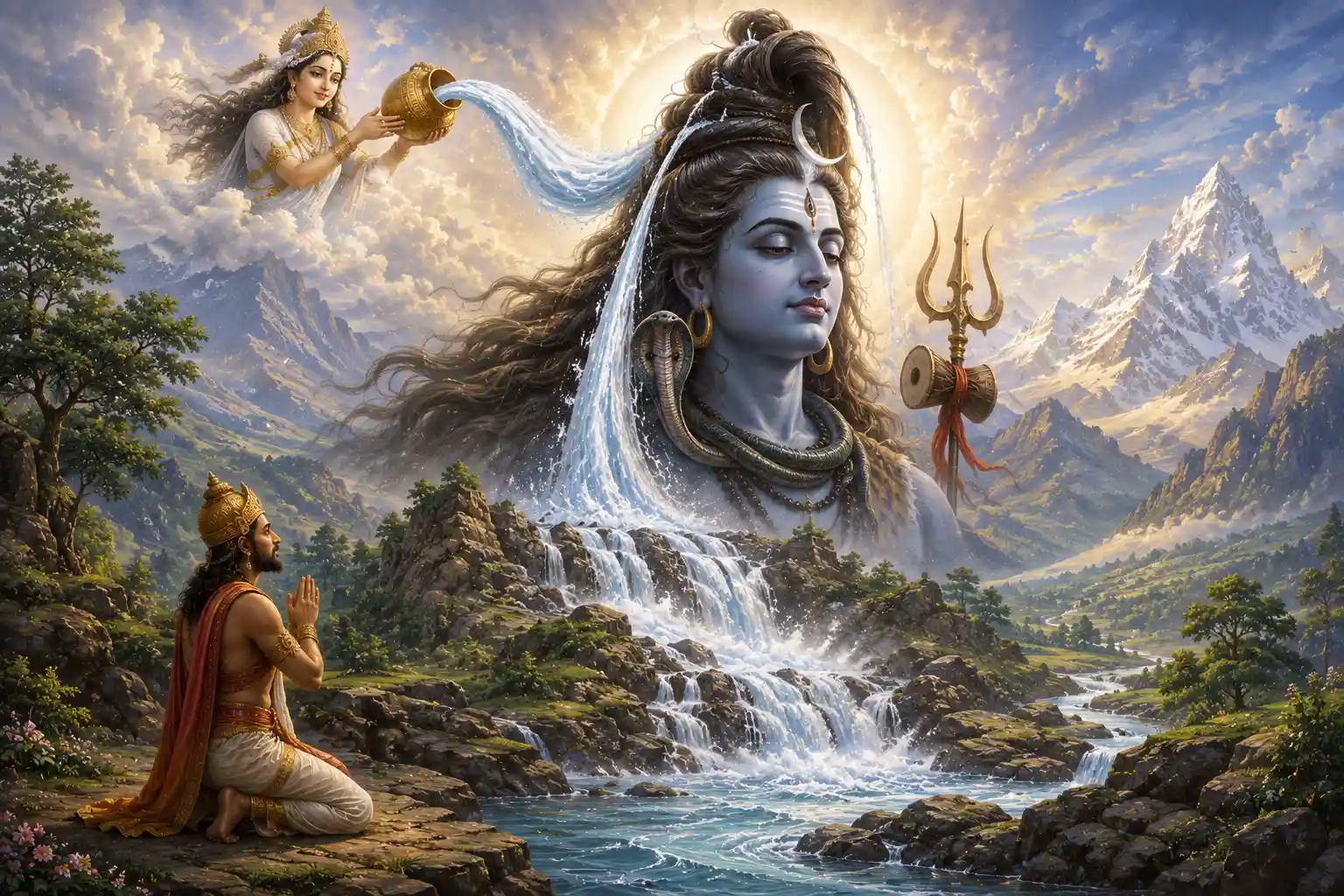 Lord Shiva receiving Mother Ganga into his matted locks and gently releasing her flow in a controlled manner.