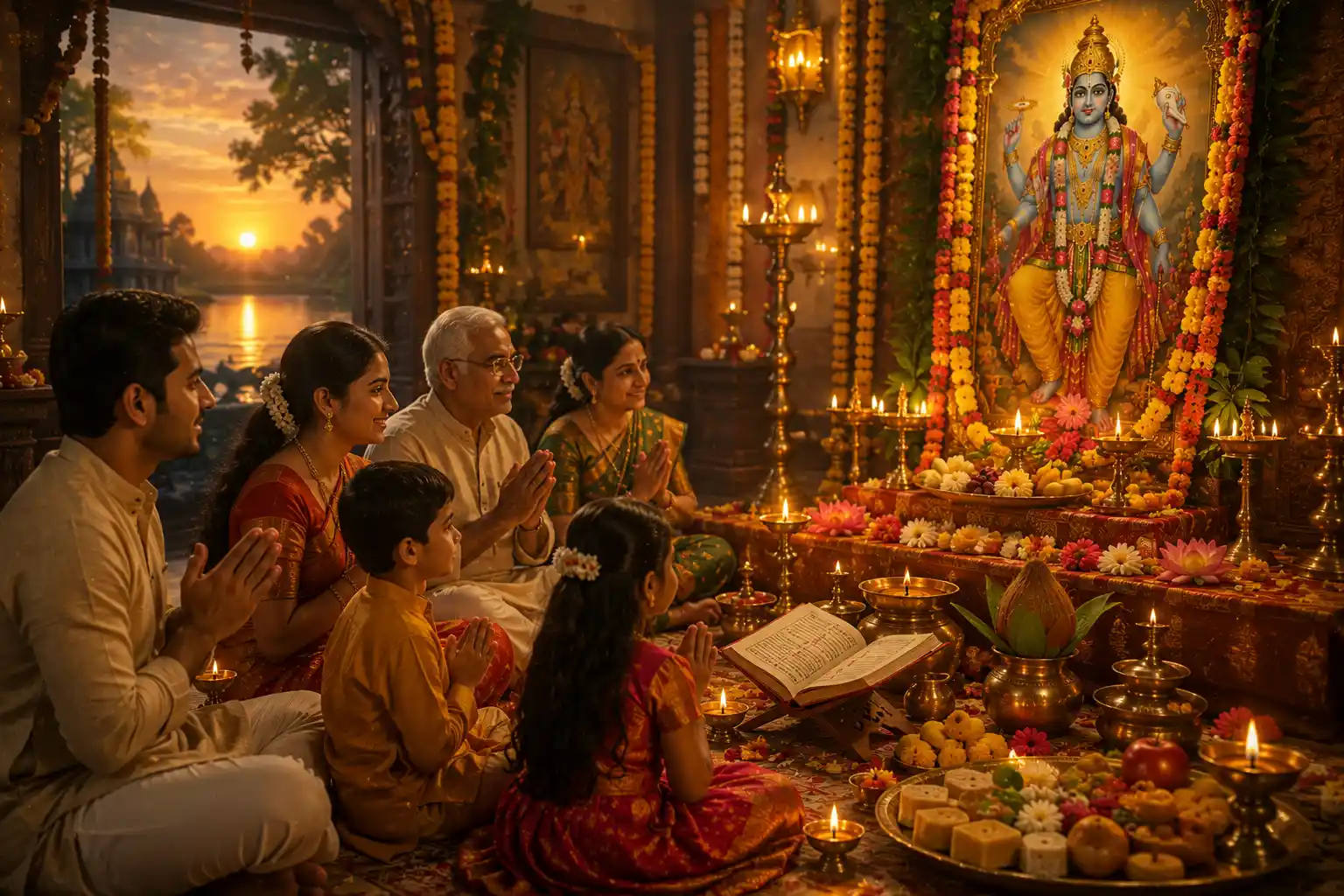 Family offering devotional Pooja to Lord Satyanarayan