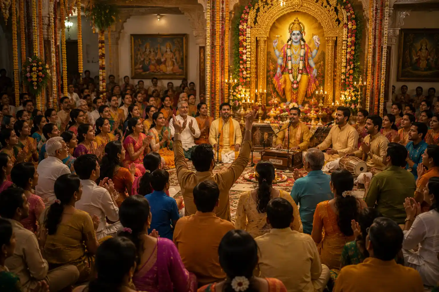 Devotees gather together for worship in an uplifting and spiritually transformative atmosphere
