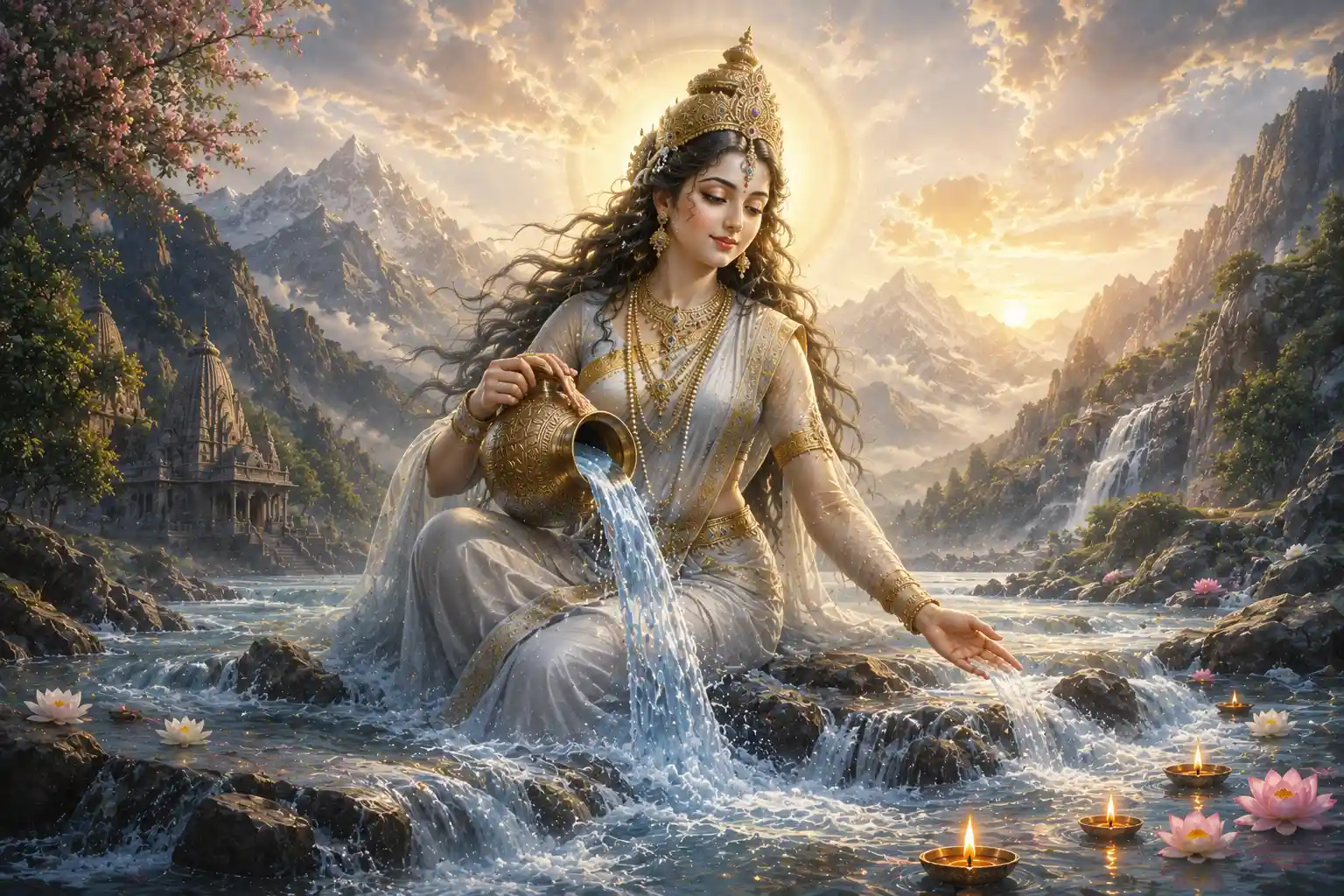 Mother Ganga: Her flow represents purity, her generosity represents compassion, and her accessibility represents grace.