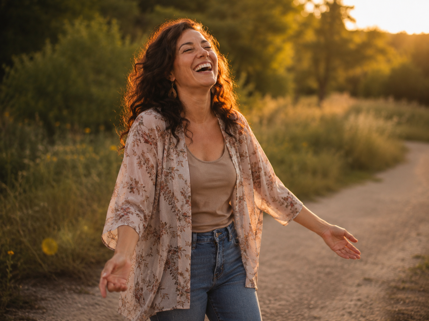 A woman laughing joyfully in a golden outdoor setting, symbolizing laughter, inner joy, emotional resilience, and spiritual upliftment.