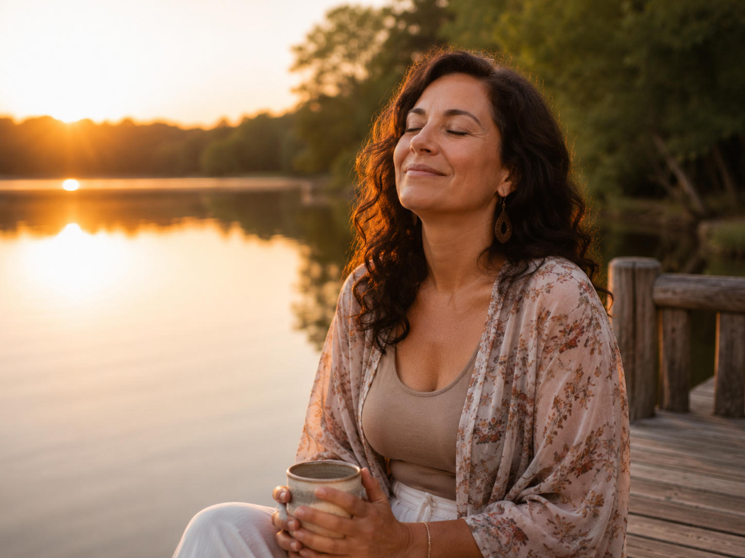 A woman sits peacefully by a lake at sunset, symbolizing laughter’s healing benefits, stress relief, emotional balance, and inner calm.
