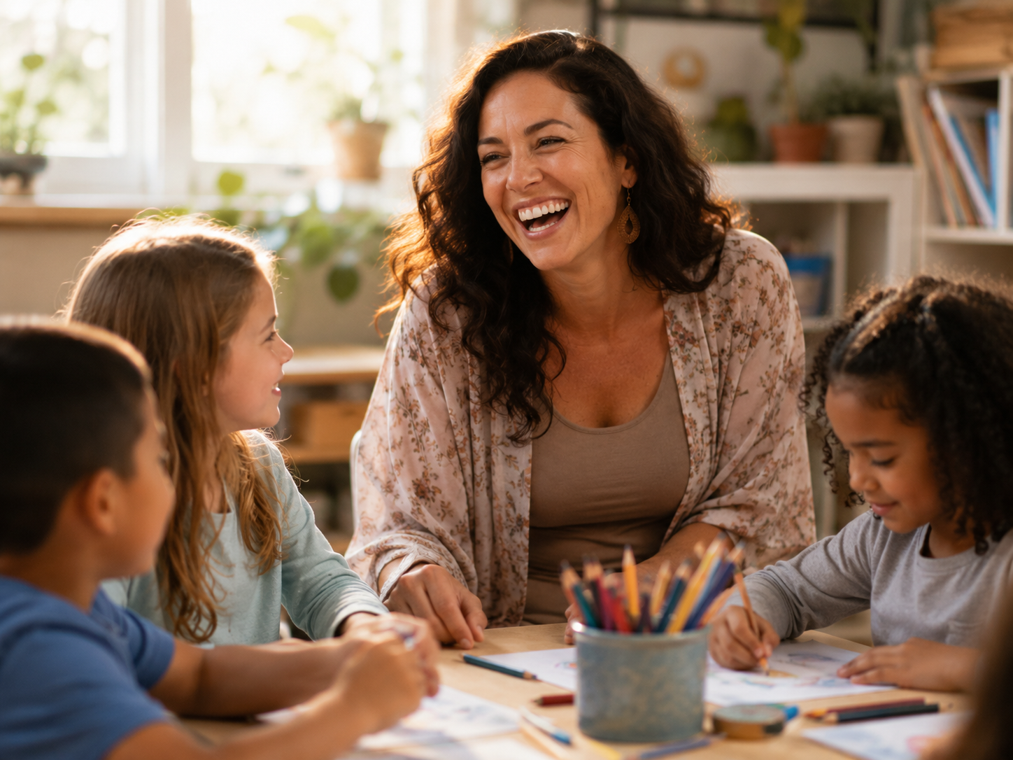 A teacher laughing with children in a warm classroom, showing how joy and laughter calm the nervous system and create connection.