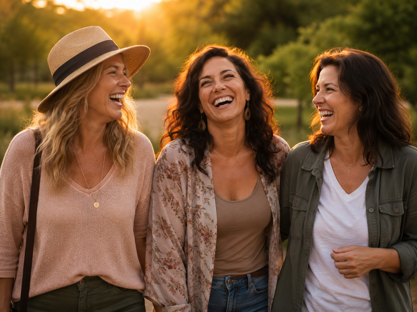 Three women laughing together outdoors, symbolizing how laughter improves learning, creativity, memory, and connection.