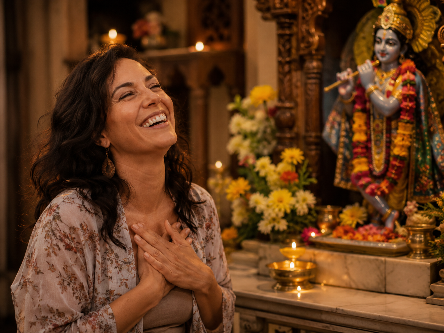 A woman laughing joyfully near a Krishna shrine, symbolizing spiritual alignment, devotion, and inner joy.