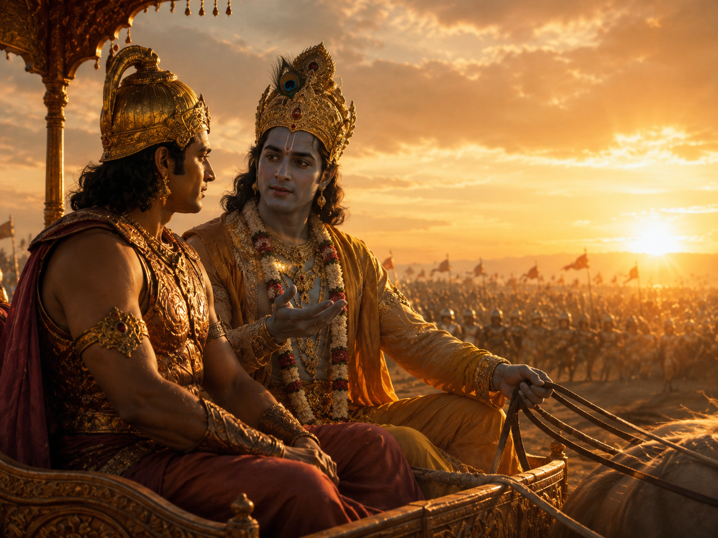 Krishna guiding Arjuna on the battlefield, symbolizing Bhagavad Gita wisdom on balance, joy, and spiritual steadiness.