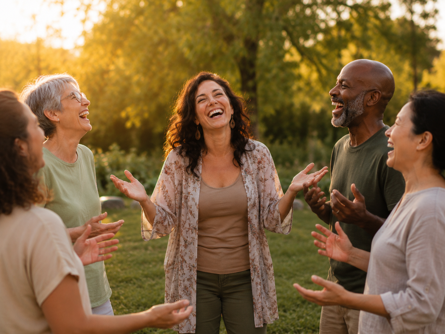 A joyful group laughing together outdoors, symbolizing how one moment of wisdom and laughter can uplift the heart.