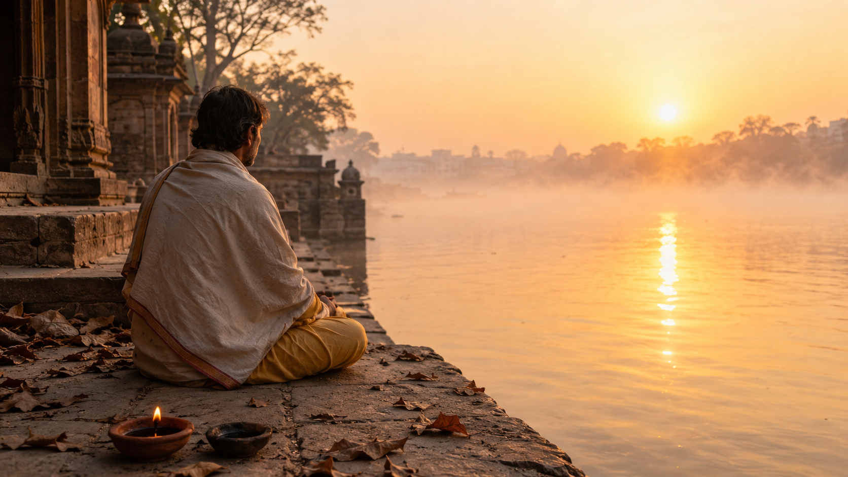 A person sits peacefully beside a riverside temple at sunrise, with stone steps, calm water, fallen leaves, and soft morning mist creating a contemplative mood.