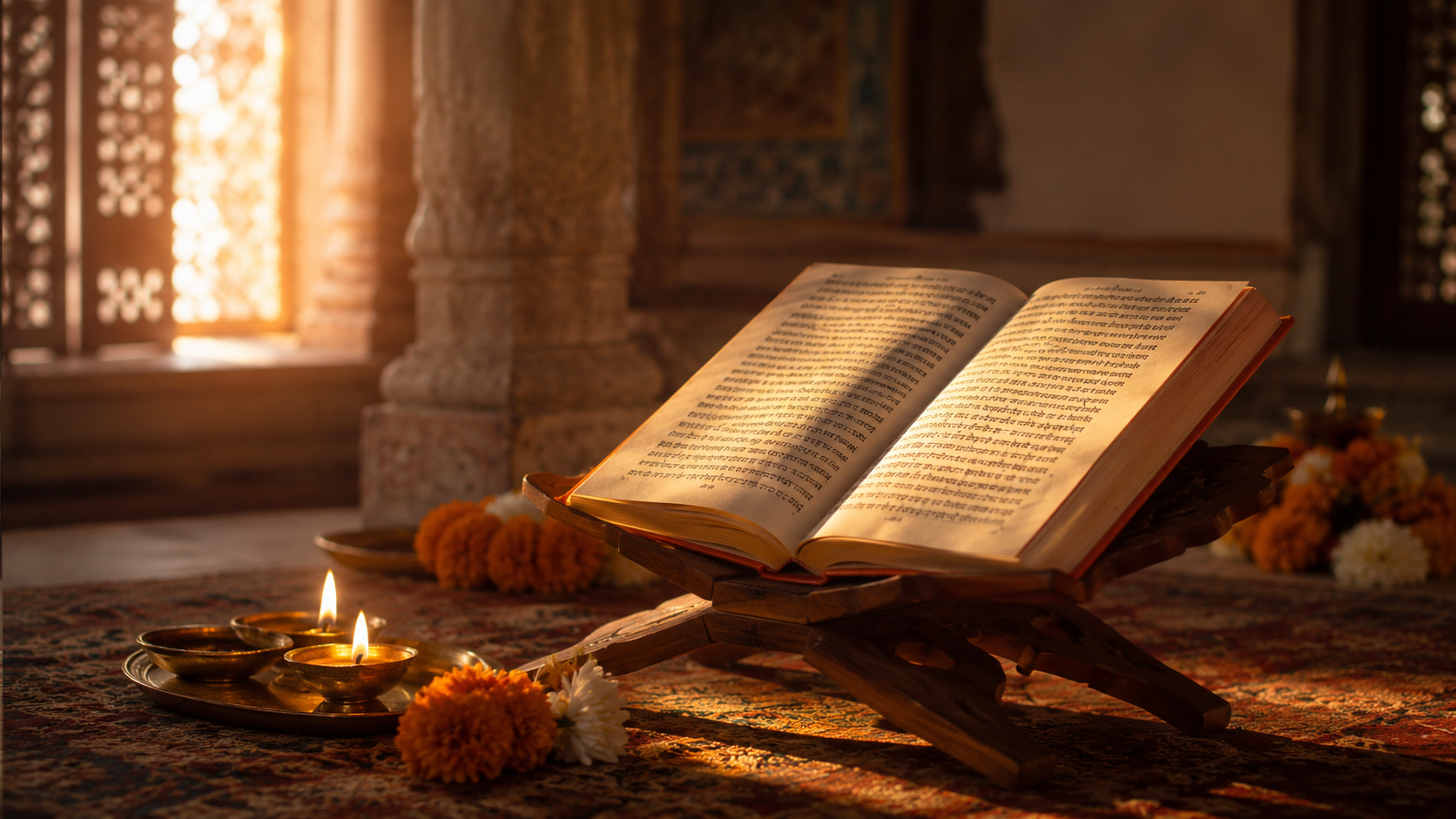 An open sacred scripture rests on a carved wooden stand inside a softly lit temple room, with a small oil lamp and warm sunlight nearby.