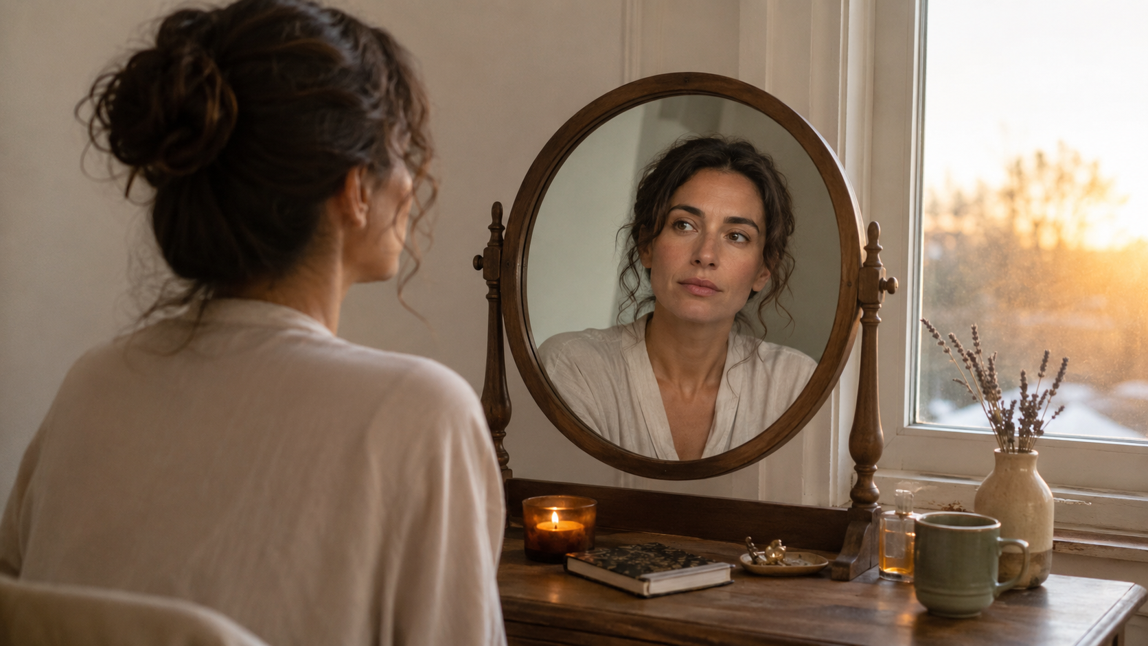 A thoughtful woman sits at a wooden vanity near a window, looking calmly into a round mirror with a notebook, candle, flowers, and cup nearby.
