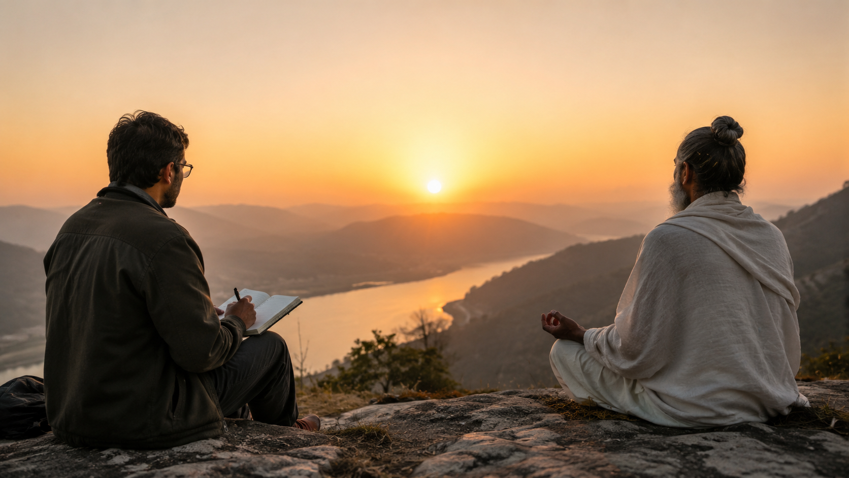 Two people sit on a rocky overlook at sunrise, one journaling and the other meditating, while looking across a wide river valley.