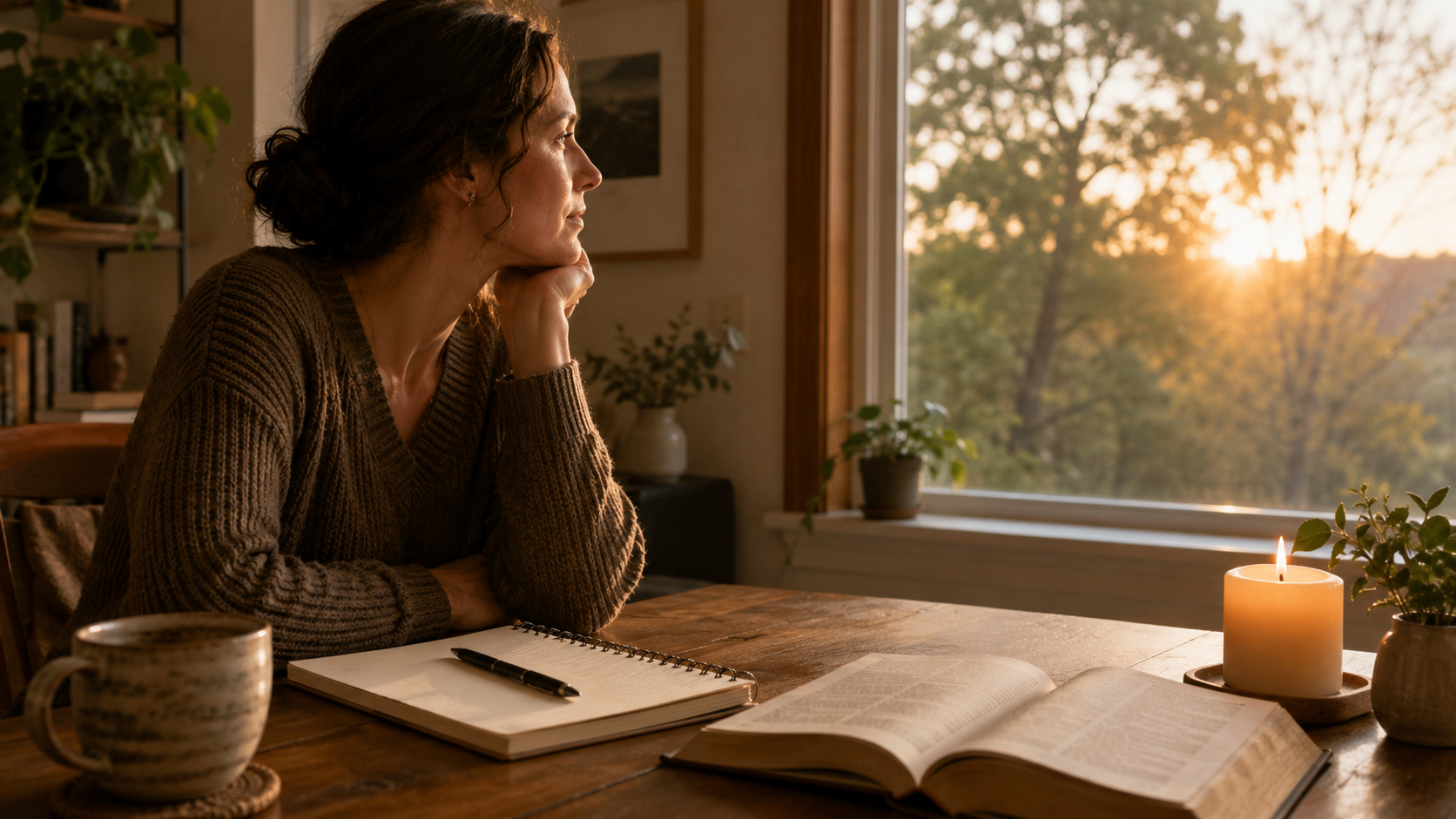 A person writes in a notebook at a cozy wooden desk by a sunrise window, with a candle, tea cup, plant, and books nearby.