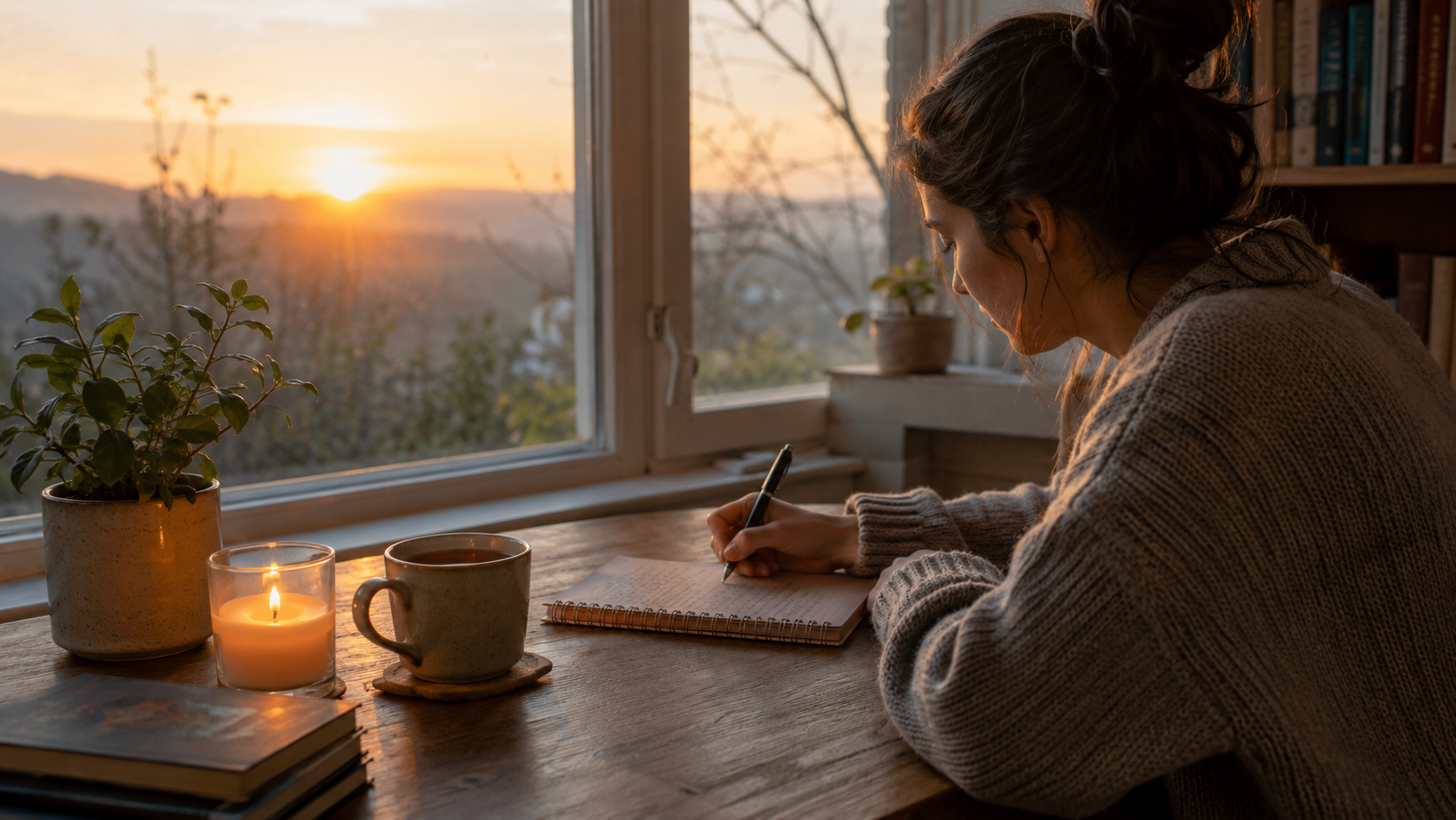 A woman sits at a wooden desk by a sunrise window, writing in a notebook with a candle, tea cup, plant, and books nearby, creating a calm setting for psychological reflection.