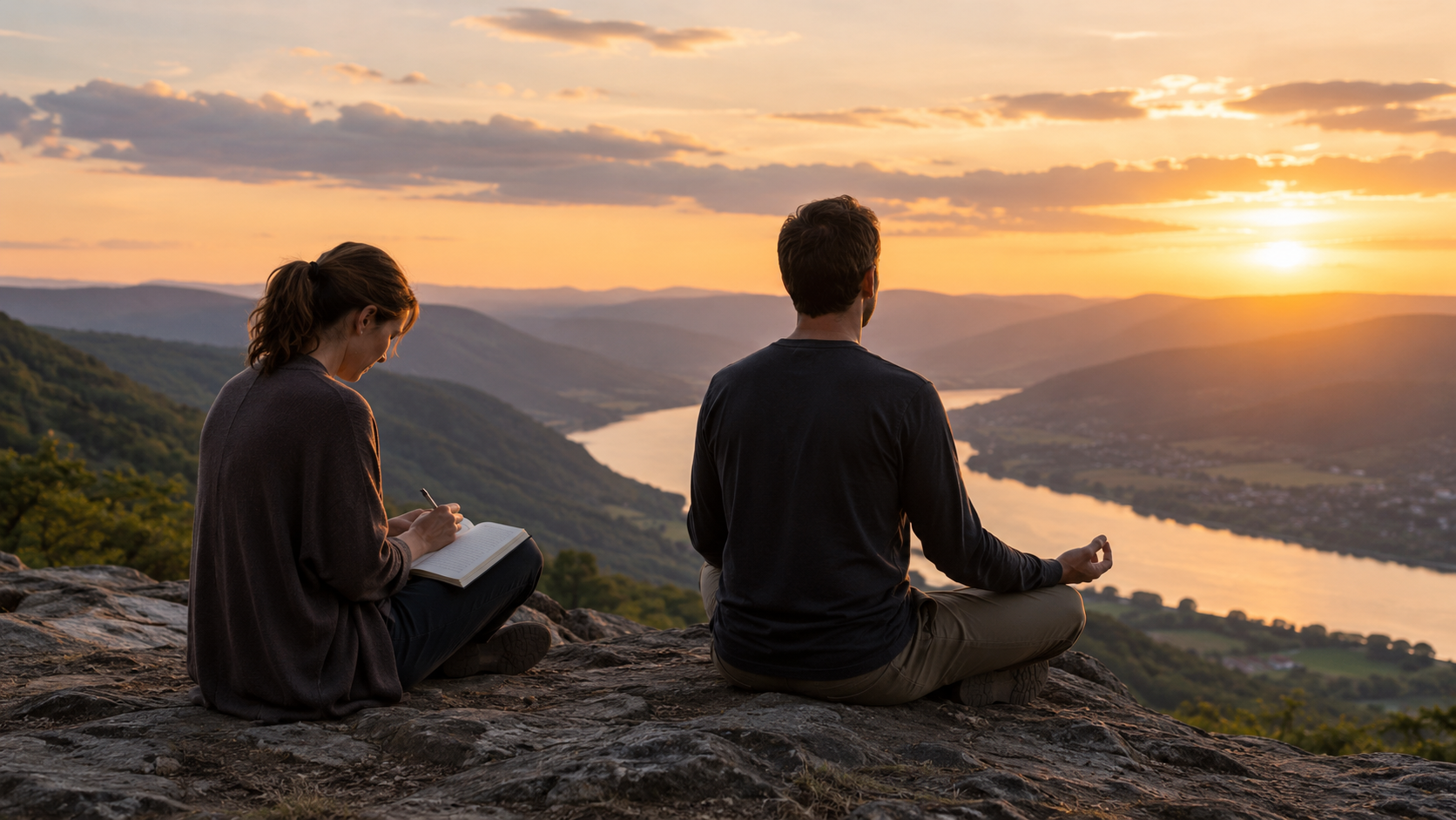 Two people sit on a rocky overlook at sunset above a river valley, one writing in a notebook and the other meditating calmly while facing the glowing horizon.