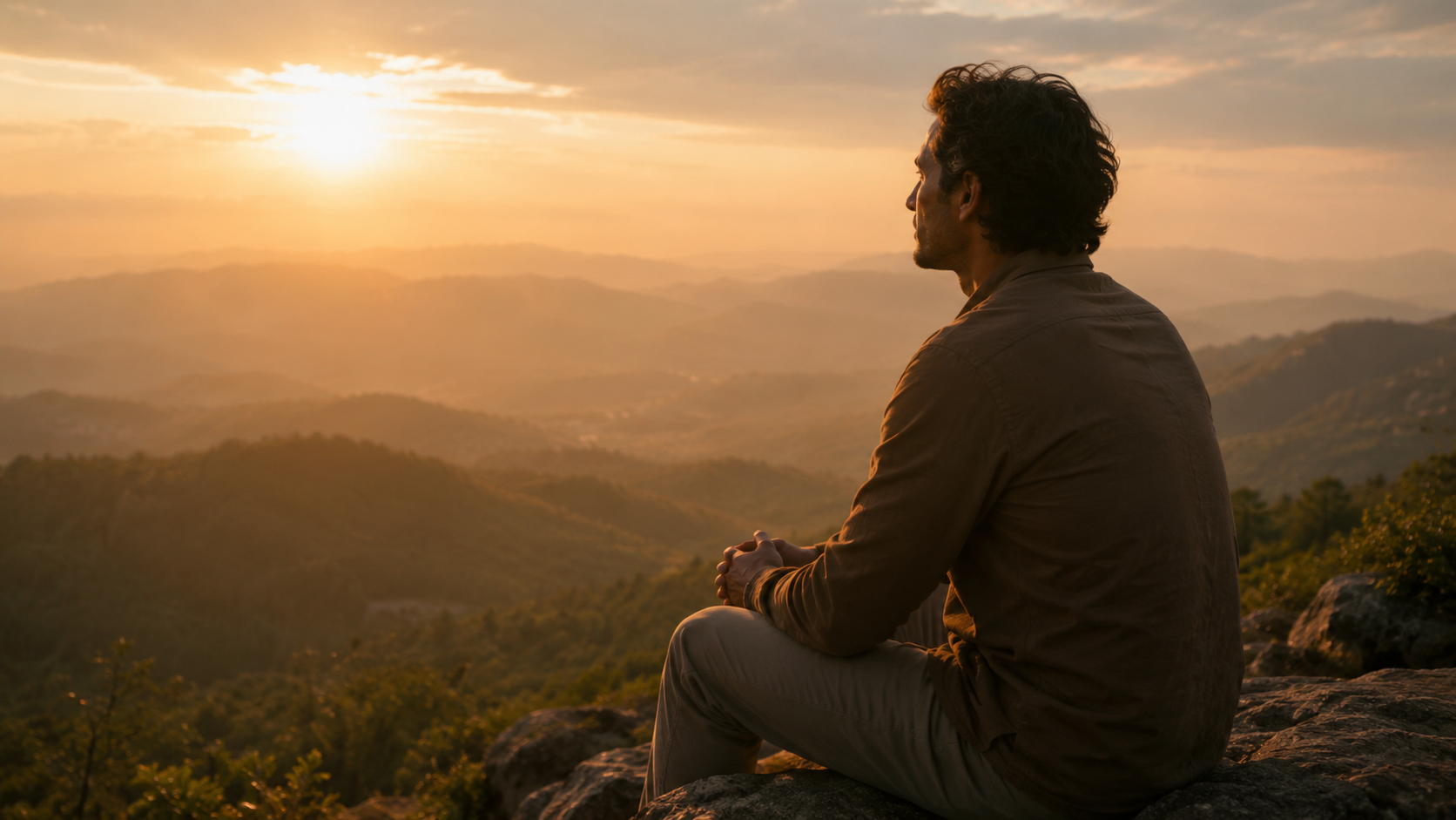 A man sits quietly on a rocky mountain ledge at sunrise, looking across misty hills and golden light, symbolizing reflection, hope, and the human ability to recover after adversity.