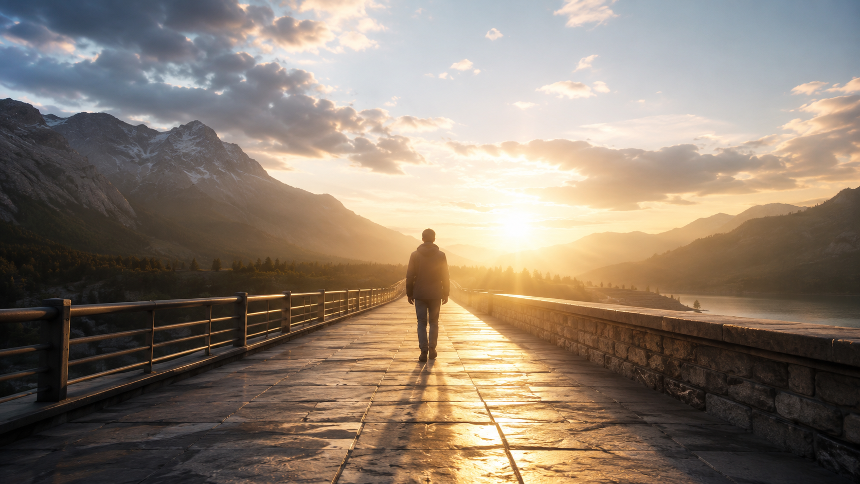A lone person walks on a wide stone path toward a bright sunrise between mountains symbolizing hope.