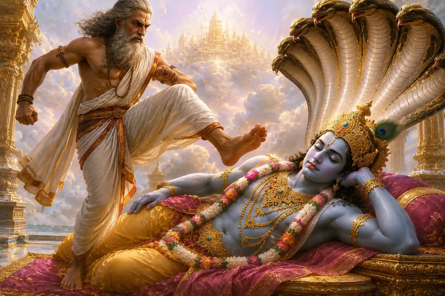 Interpreting Lord Vishnu's rest as disrespect, the Sage Bhrigu impulsively kicked Him on His chest.