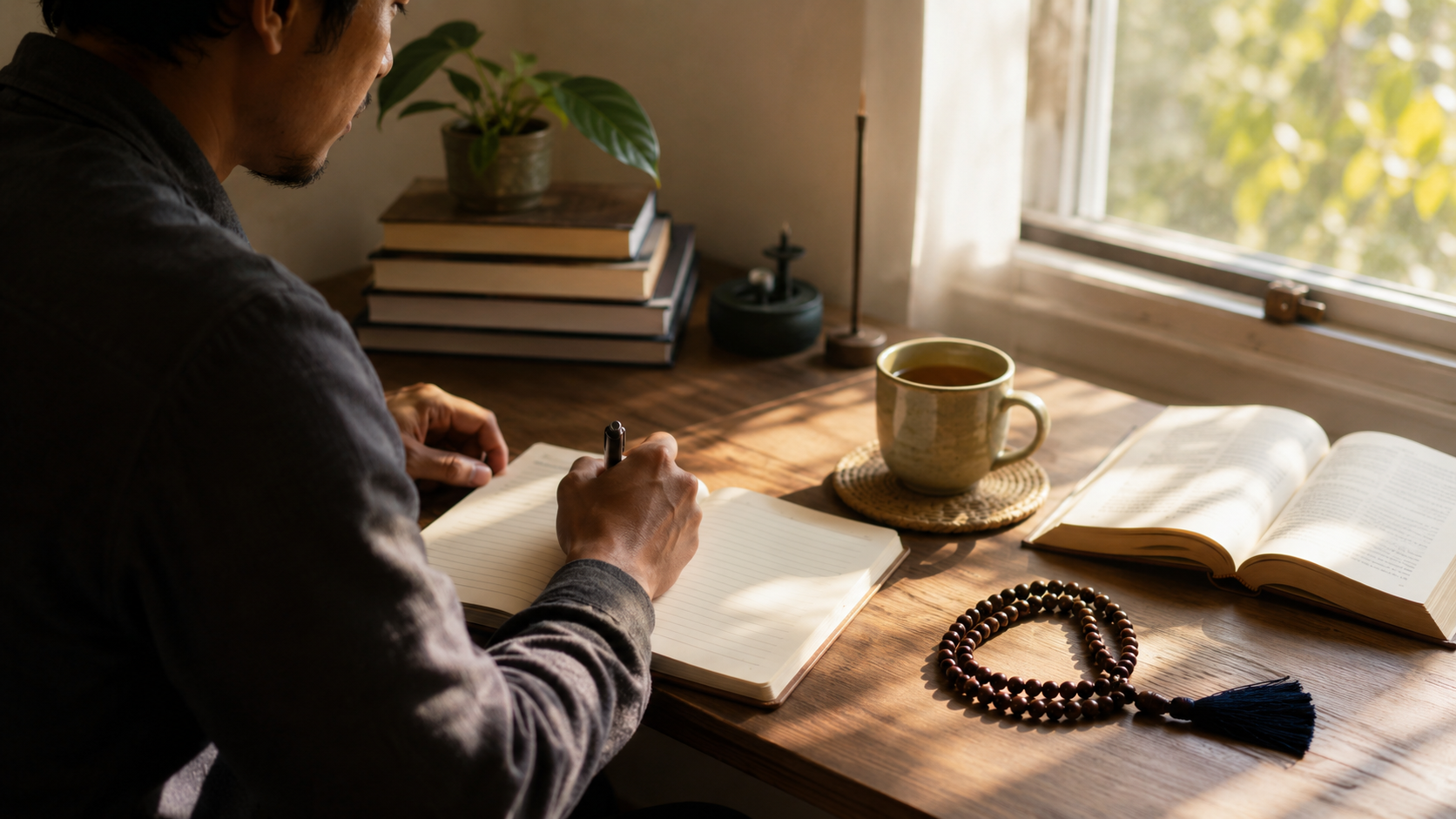 A person writes in a journal beside books, tea, and prayer beads near a bright window, symbolizing meditation, prayer, gratitude journaling, reflective study, and consistent practice.
