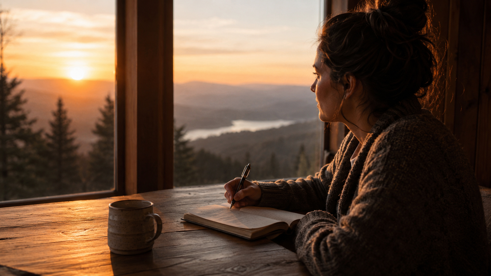 A woman writes in a journal while looking toward a sunrise, representing the resilience practice of asking what a challenge can teach and how it can help others.