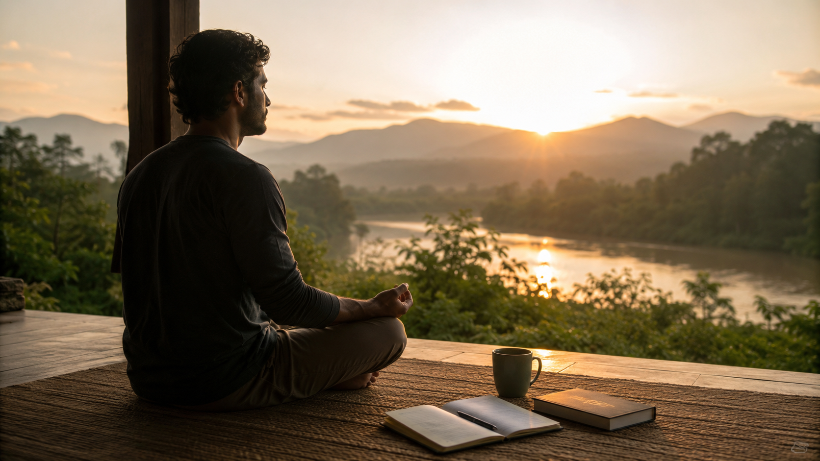 A man sits in meditation on a quiet veranda at sunrise, overlooking a river and green hills, with a journal, book, and cup beside him, symbolizing inner strength, reflection, and spiritual resilience.