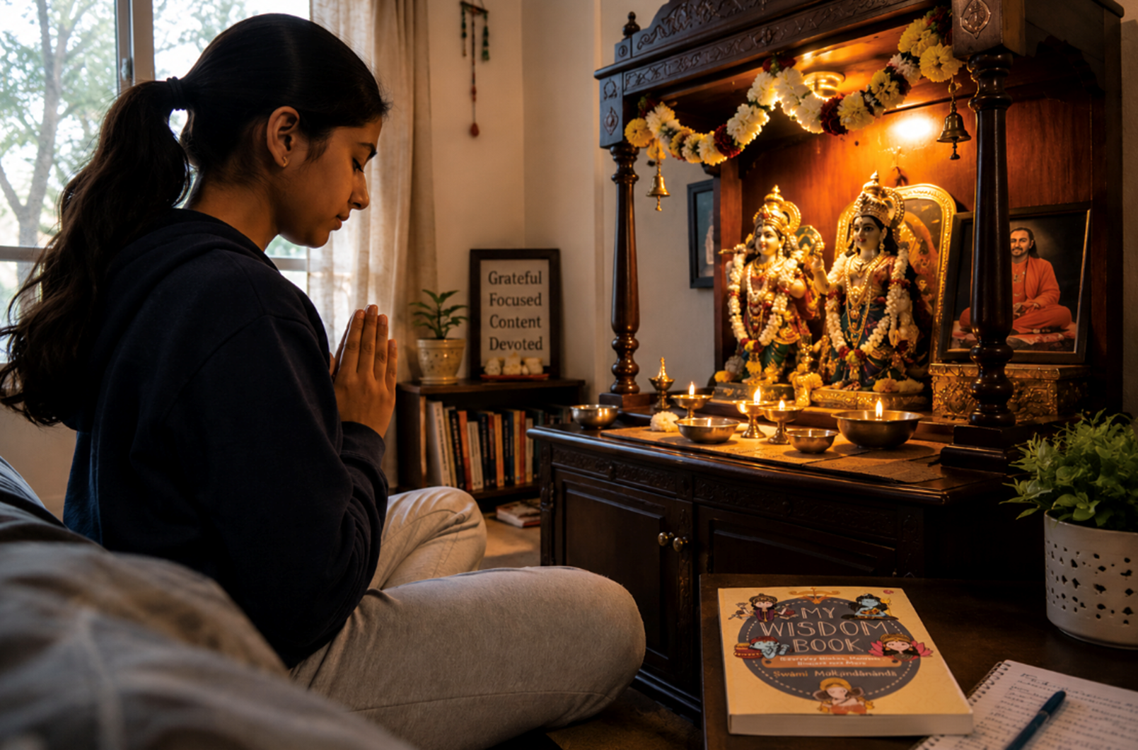 A person sitting in front of a religious statue

Description automatically generated
