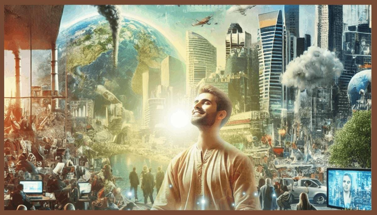 A person looking up at a city

Description automatically generated