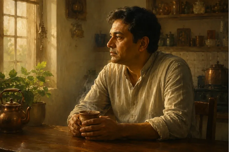 A middle-aged devotee sits quietly with a cup of tea at sunrise, reflecting on life's deeper purpose
