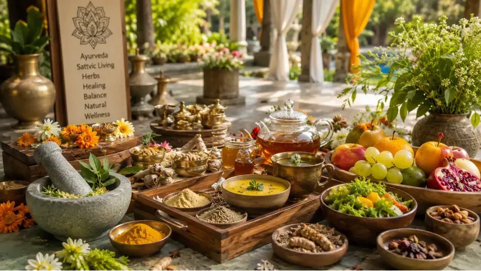 Healthy food, herbs, spices, and Ayurveda setup representing holistic wellness at Dallas Yoga Fest