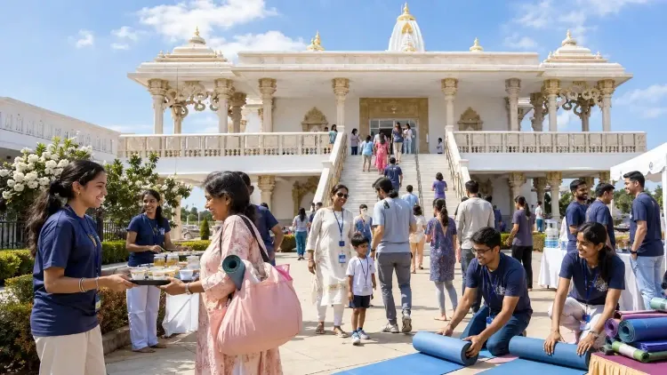 Volunteers welcoming guests, serving refreshments, and supporting yoga activities at Radha Krishna Temple of Dallas during Dallas Yoga Fest.