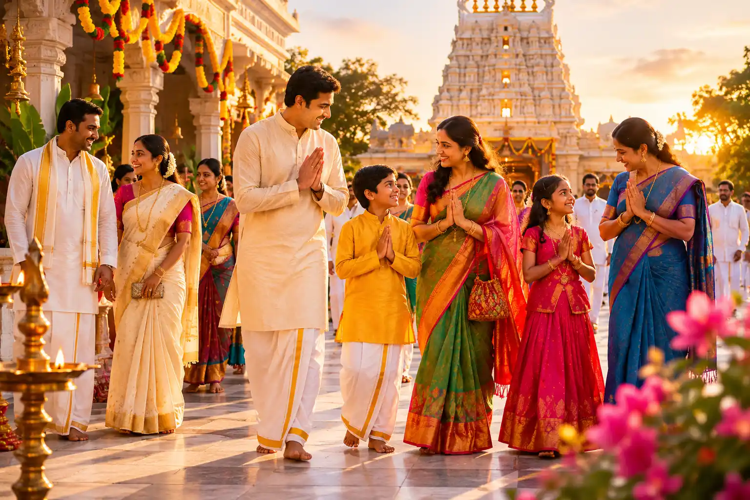 Devotees in traditional attire attending the temple event