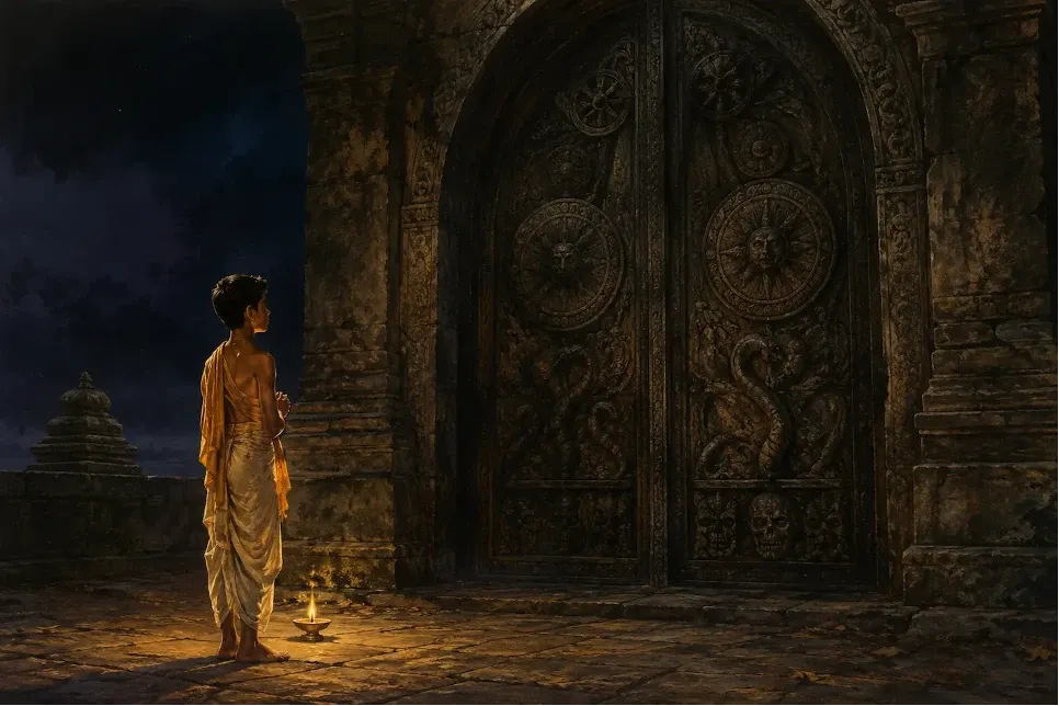 Young Nachiketa stands courageously before the gates of Yama, determined to discover the eternal truth of the soul