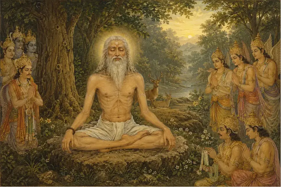 Sage Dadhichi sits in meditation as celestial beings honor his act of complete surrender and selfless sacrifice.
