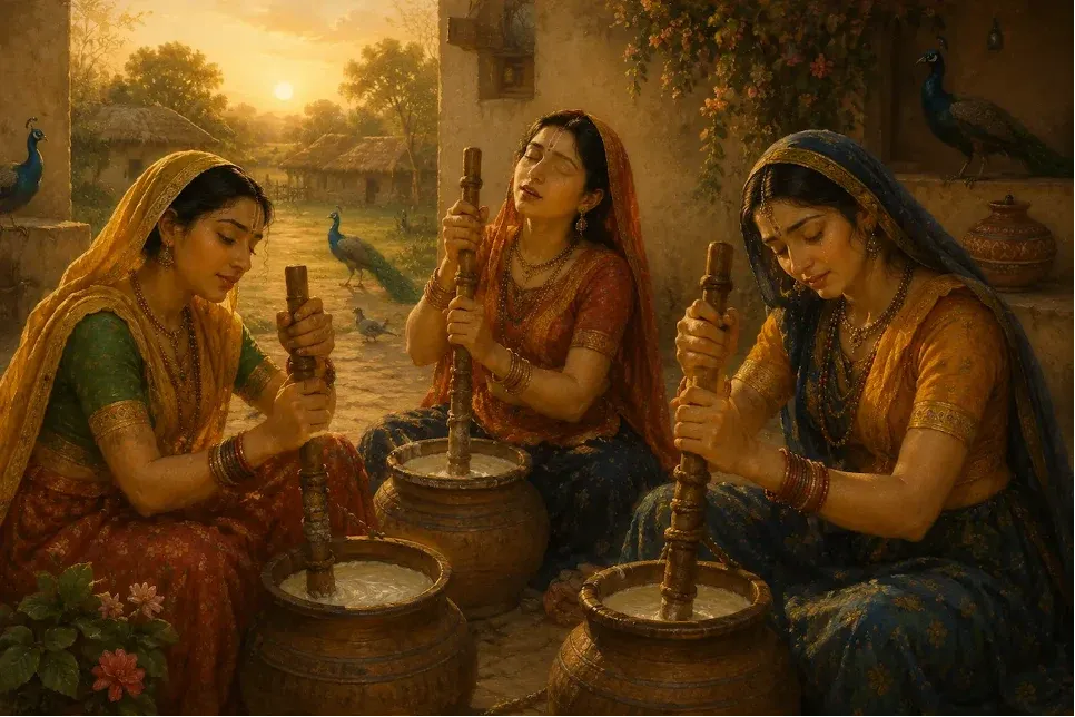 Gopis in Vrindavan churn butter together while absorbed in loving remembrance of Lord Krishna