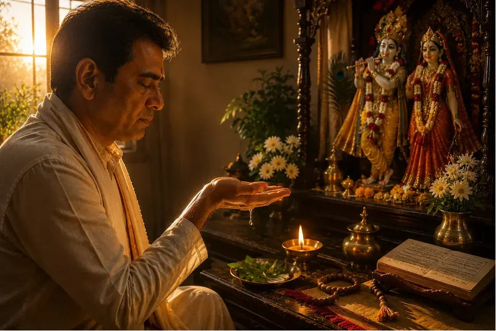 A devotee sits before Radha Krishna making a sacred spiritual resolve with folded hands and deep devotion