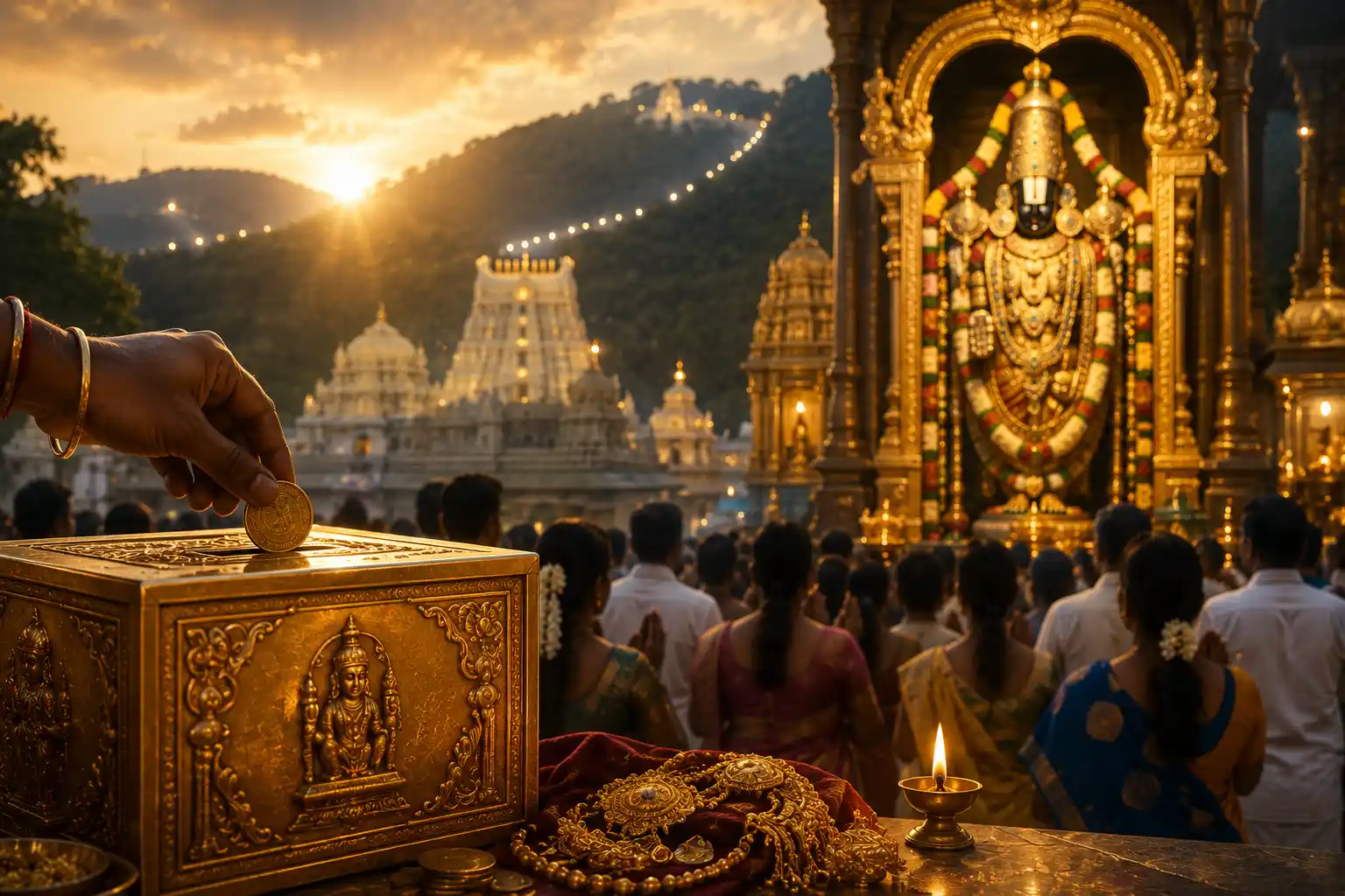 A devotional scene at a grand Hindu temple shows devotees gathered before Lord Venkateswara while a hand places a coin into a golden Hundi donation box