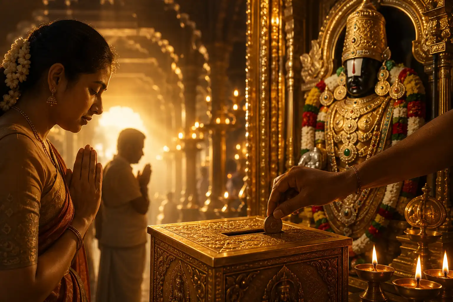 A devotional temple scene shows a woman with folded hands praying beside a golden Hundi donation box as an offering is placed inside before Lord Venkateswara’s richly adorned deity, illuminated by warm oil lamps and sacred temple lighting.
