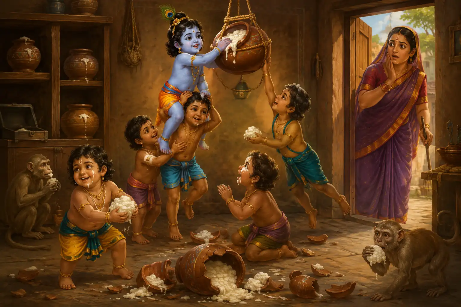 Shree Krishna steals butter and shares it with His friends
